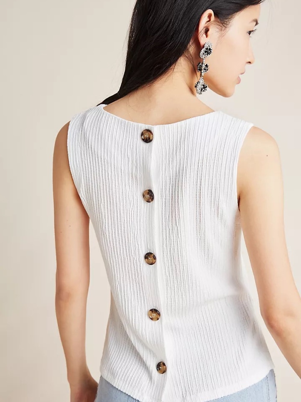 Anthropologie White Textured Button Back Tank Top Size S